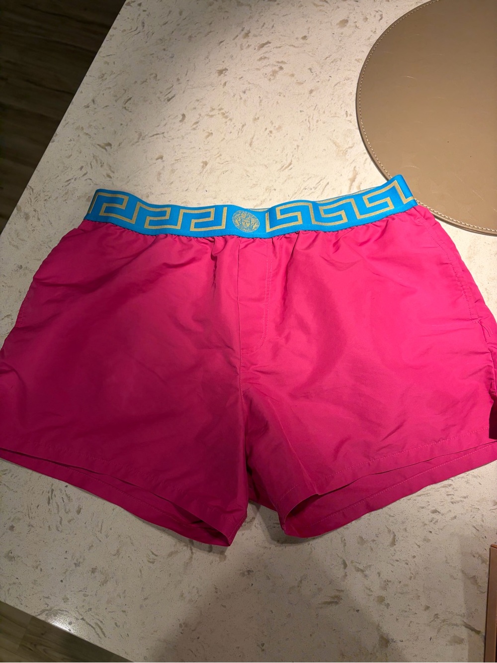 Versace Pink Athletic Shorts with Blue Greek-Key Waistband